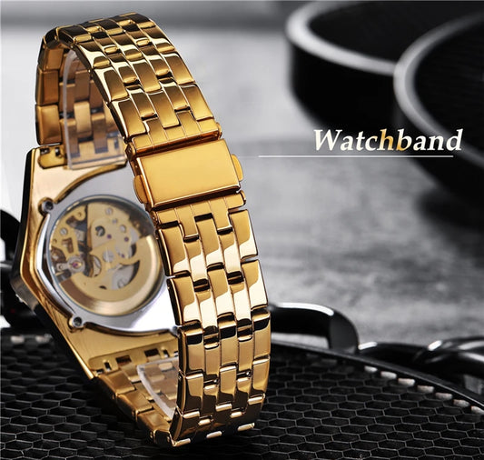 Winner 395S New Male Wrist Mechanical Watches Golden Stainless Steel Waterproof Sport Mens Triangle Skeleton Watch Transparent