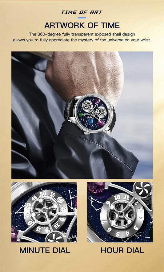 PINDU Watches New Mechanical Celestial Body Starry Twelve Constellations Sapphire Waterproof Men  Leather Wristwatches 8215A Box