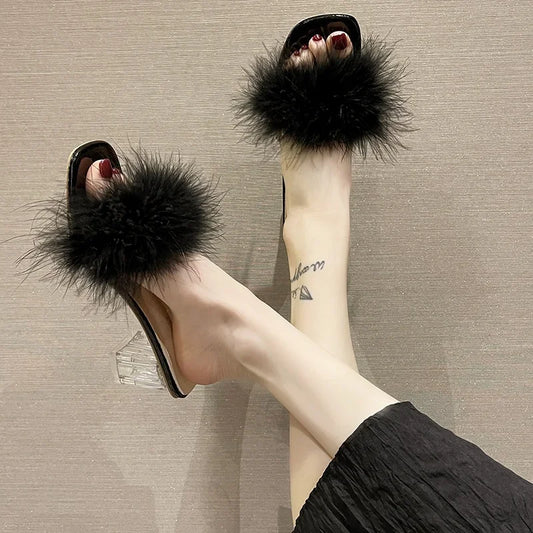 Summer New Furry Square Head Transparent Sandals Thick Open-toe Flip-flops High Heels Fashion Comfortable Casual Women's Shoes