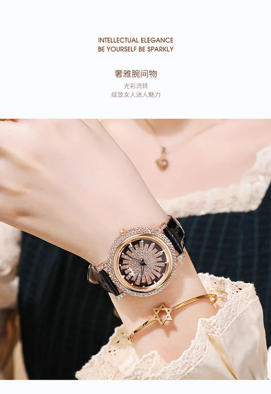 UTHAI Watch For Women Light Luxury Diamond Set 360 ° Running Clock Waterproof Genuine Leather Female's Fashion Quartz Watches