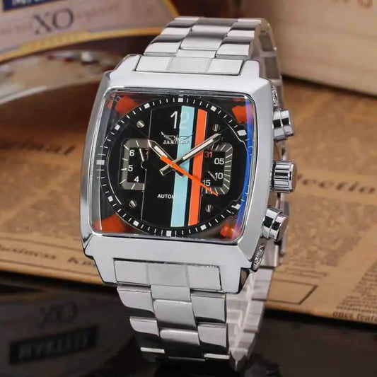 JARAGAR 569 Men's Mechanical Watch Fashion Design Square Dial Date Week Waterproof Steel Strap Leisure Wristwatch