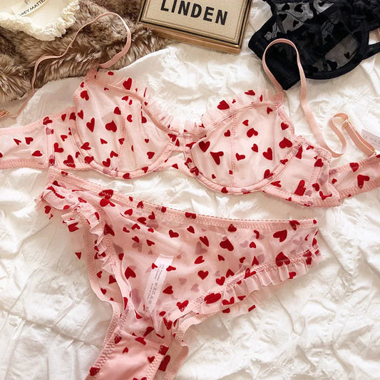 French Lace Minimizer Bra Set - Sexy Push Up Lingerie for Big Bust, Pink Heart-shaped Design | Flattering Support & Girlish Char