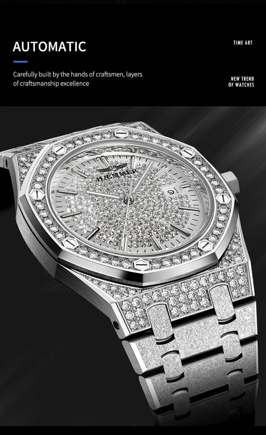 HAEMMER Luxury Men's Automatic Watch Top Brand Mechanical Frame Original Silver Fashion Watch Waterproof Clock Relogio Masculin