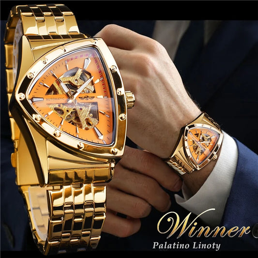 Winner 395S New Male Wrist Mechanical Watches Golden Stainless Steel Waterproof Sport Mens Triangle Skeleton Watch Transparent