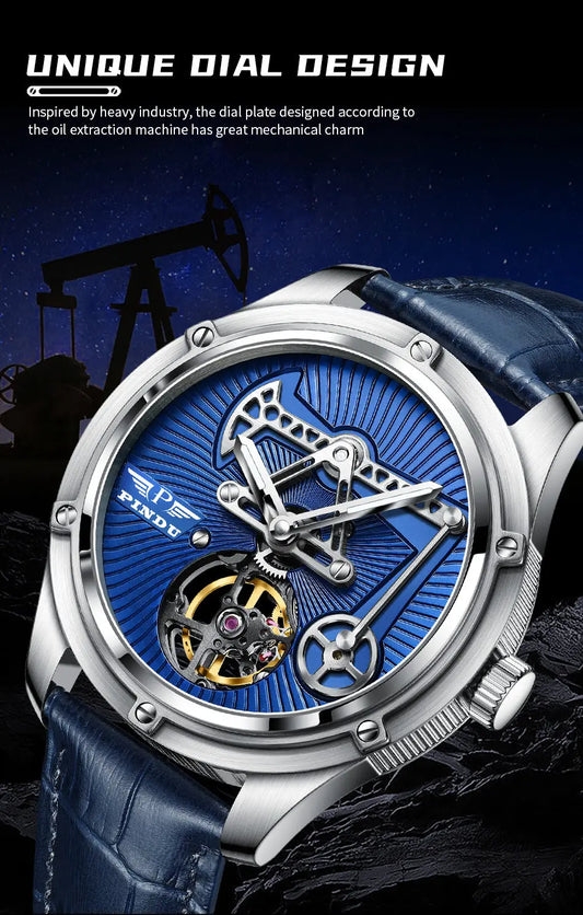 PINDU New Mechanical Watch For Men Leather Sapphire Crystal Business Men's  Watch Miyota 8215 Automatic Watches 50M Waterproof