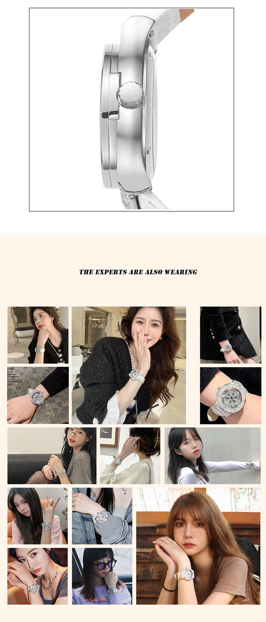 UTHAI L58 Watch For Women Light Luxury Leather Strap 360 Degrees Rotary Snowflake Hollow Diamond Ladies Watches Waterproof Clock