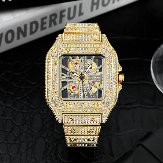THAI W86 New 2024 Fashion Square Men's Watches Luxury Hollow Hip Hop Full Diamond Metal Waterproof Male Quartz Clock Watch Gift