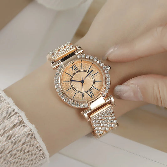 UTHAI H11 Women's Fashion Quartz Watch Full Diamond Steel Band Water Diamond Full Sky Star Roman Pattern Bracelet Watches Girl