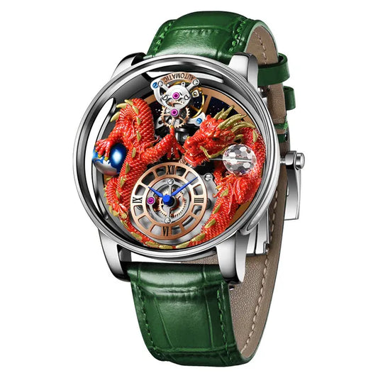 PINDU Design New 3D Dragon Earth Theme Quartz Watches Men Celestial Series Curved Mirror Transparent Design Watch Wristwatches