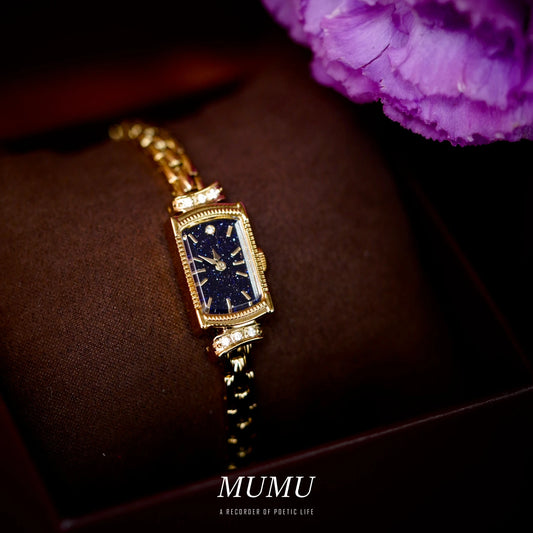 Japanese style galaxy purple gold stone watch rectangular small gold watch niche light luxury quartz women's watch new bracelet