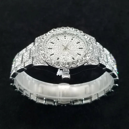 Elegant Full Diamond Female Watches Fashion Silver Round Stainless Steel Quartz Watch Iced Out Shiny Waterproof Gift for Women