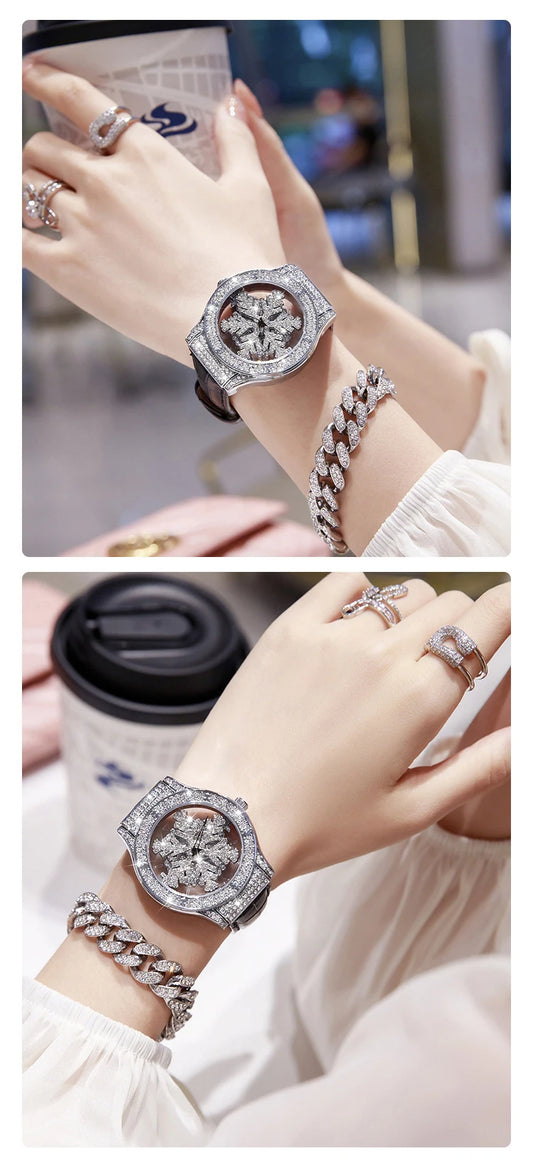 UTHAI L58 Watch For Women Light Luxury Leather Strap 360 Degrees Rotary Snowflake Hollow Diamond Ladies Watches Waterproof Clock