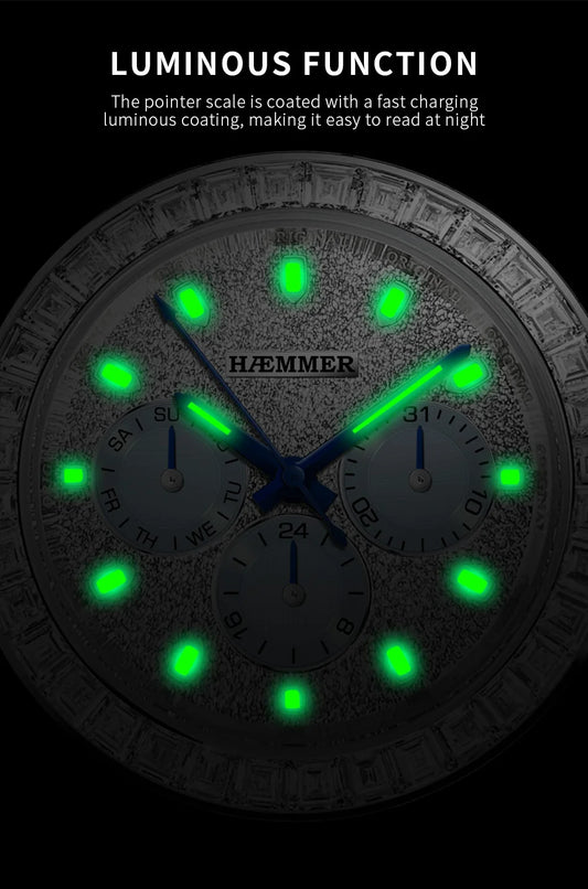 2024 HAEMMER New Men's Watch Luxury Automatic Watch Men's Stainless Steel Multi functional Mechanical Watch Diamond Waterproof